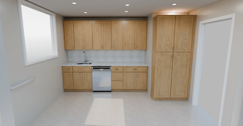A kitchen with wooden cabinets and a dishwasher.